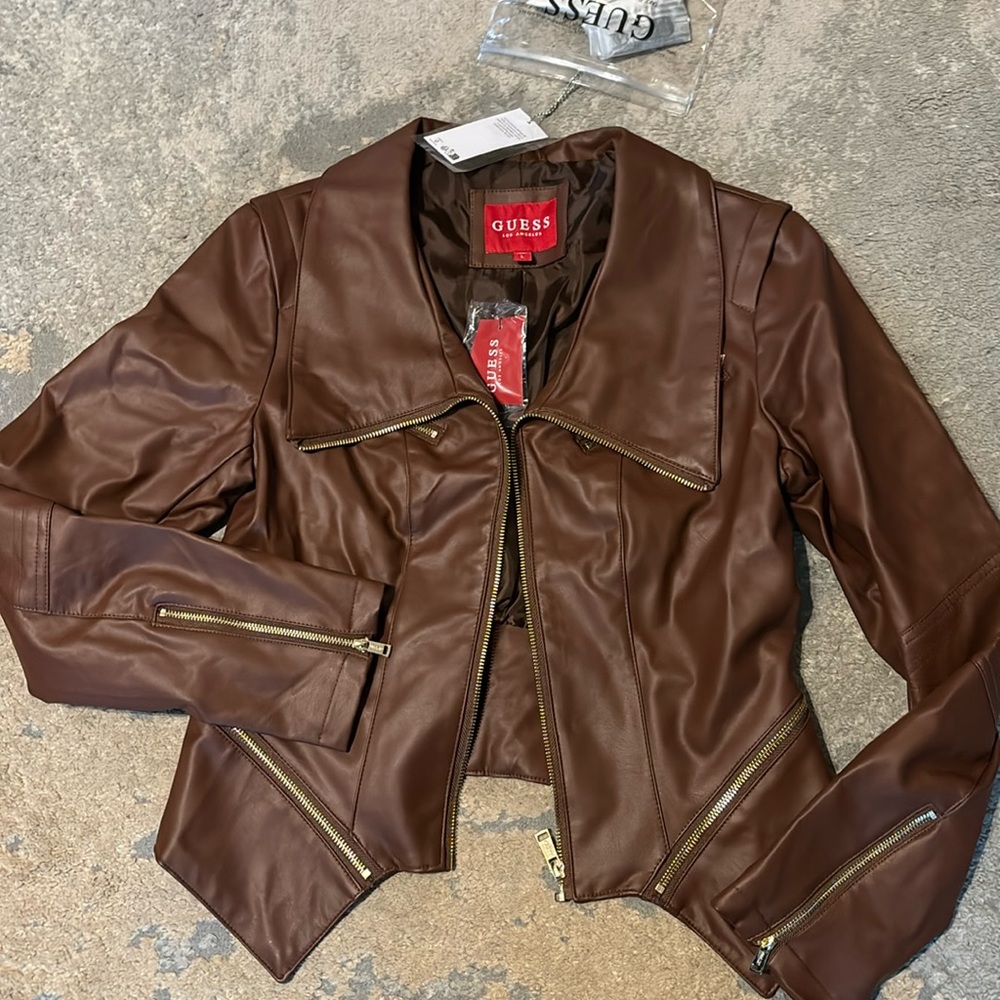 Guess brown Moto faux leather jacket size L